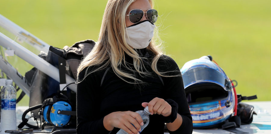 KANSAS CITY, KANSAS - JULY 24: Natalie Decker, driver of the #44 Ruedebusch Development Chevrolet, waits on the grid prior to the NASCAR Gander RV &amp; Outdoors Truck Series Kansas 200 at Kansas Speedway on July 24, 2020 in Kansas City, Kansas. (Photo by Jamie Squire/Getty Images)