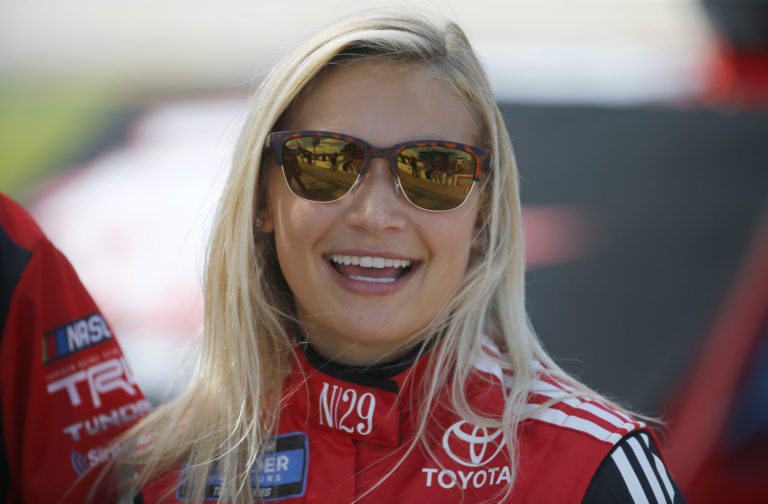 FORT WORTH, TEXAS - JUNE 07: Natalie Decker, driver of the #54 N29 Technologies LLC Toyota, looks on during US Concrete Qualifying Day for the NASCAR Gander Outdoors Truck Series SpeedyCash.com 400 at Texas Motor Speedway on June 07, 2019 in Fort Worth, Texas. (Photo by Jonathan Ferrey/Getty Images)