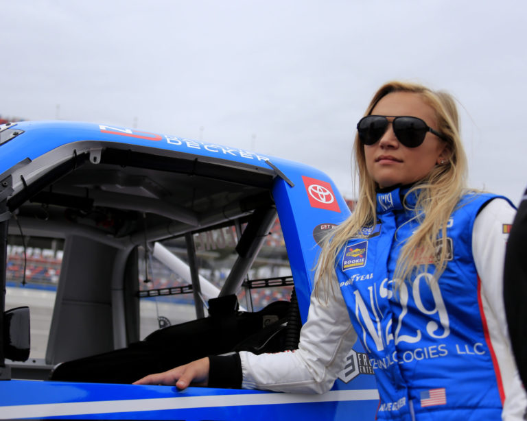 TALLADEGA, AL - OCTOBER 12: Natalie Decker, DGR- Crosley, Toyota Tundra N29 Technologies (54) during the running of the 14th annual Sugarlands Shine 250 on October12, 2019 at Talladega Superspeedway in Talladega, Al.(Photo by Jeff Robinson/Icon Sportswire via Getty Images)