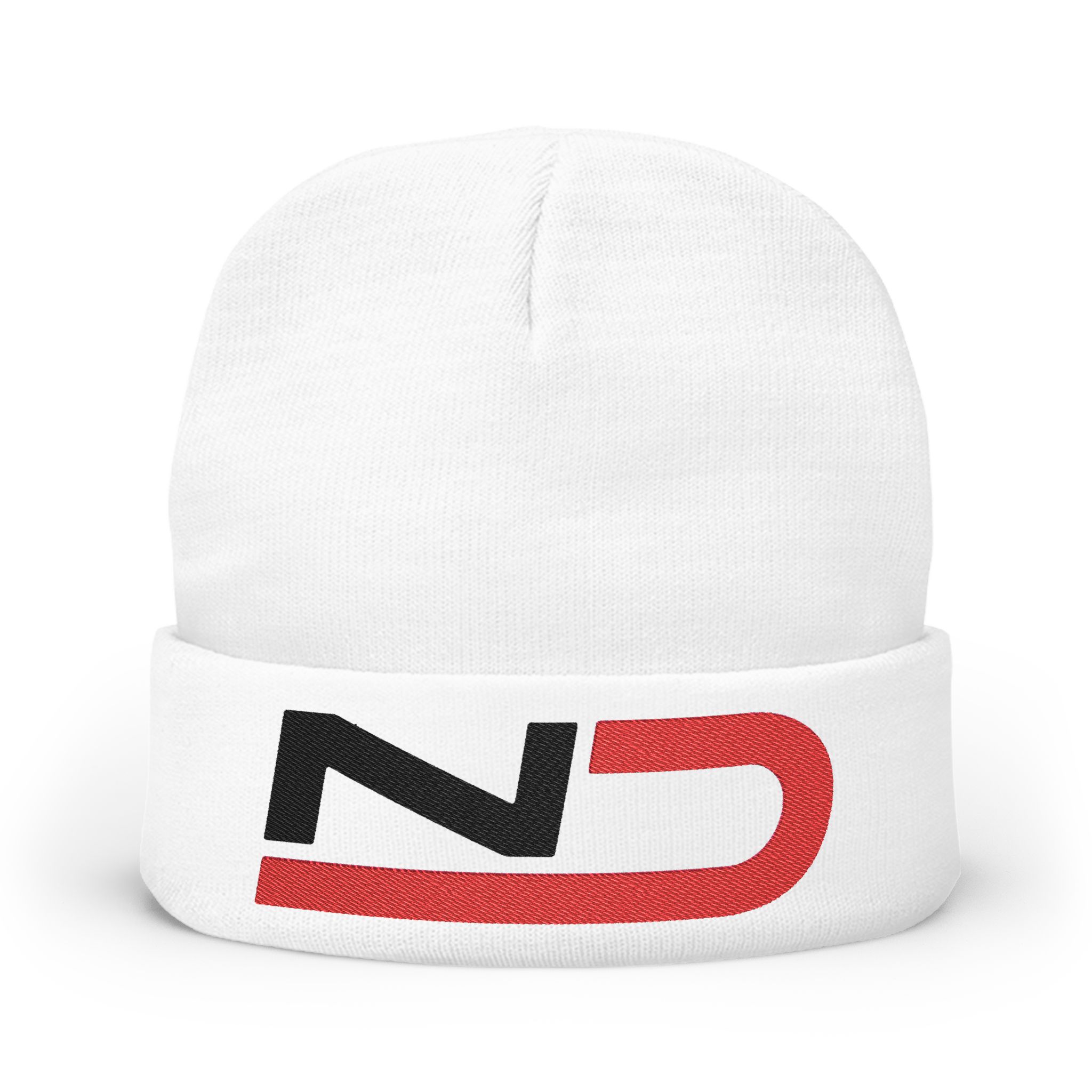 Natalie Decker ND logo Embroidered Logo Knit Beanie – Red & Black Minimalist Cuffed Hat